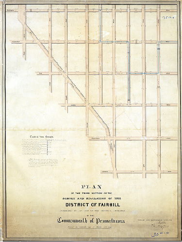 Plan (alternate image), Plan of the Third Section of the survey and regulation of the District of Fair-hill [Fairhill] agreeably to an Act of the General Assembly of the Commonwealth of Pennsylvania passed the sixteenth day of March A.D. 1847. Surveyed and returned 10th Mo 20th 1847 by Joseph Fox, Henry Haines