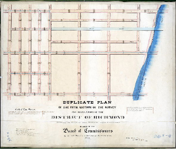 Plan (alternate image), Duplicate plan of the Fifth Section of the survey and regulation of the District of Richmond recorded in place of the original misplaced or lost. By order of the Board of Commissioners of the said District by a resolution on the 2nd day of Nov. A.D. 1853. Made January 3rd 1854 by Edw. L. Spain. Surv. confirmed by the Court of Quarter Sessions, October 12th, 1850.