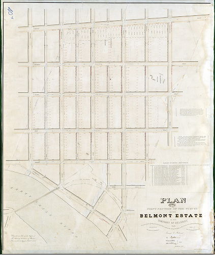 Plan (alternate image), Plan of the First Section of the survey of the Belmont Estate in the District of Belmont. Made in pursuance of the provisions of Section 20th of the Act of Assembly of the Commonwealth of Pennsylvania incorporating the District of Belmont, approved the 14th Day of April 1853. Surveyed & returned By Joseph Fox, Surveyor, Charles H. Fox and Saml. L. Smedley, Assists. 4th Mo, 1st 1854. Samuel L. Smedley, draftsman.