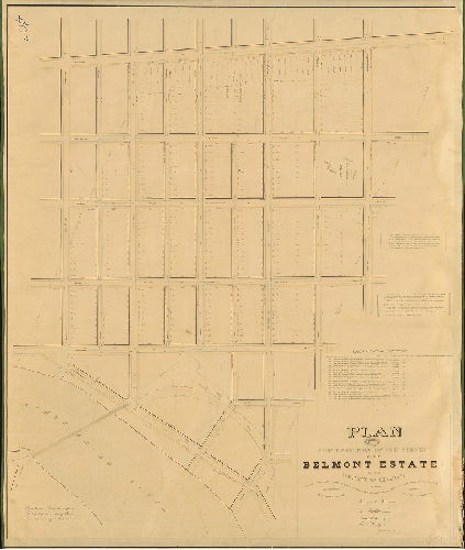Plan, Plan of the First Section of the survey of the Belmont Estate in the District of Belmont. Made in pursuance of the provisions of Section 20th of the Act of Assembly of the Commonwealth of Pennsylvania incorporating the District of Belmont, approved the 14th Day of April 1853. Surveyed & returned By Joseph Fox, Surveyor, Charles H. Fox and Saml. L. Smedley, Assists. 4th Mo, 1st 1854. Samuel L. Smedley, draftsman.