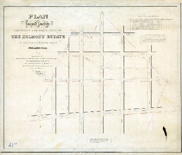 Plan (alternate image), Plan of the Second Section of the survey of the Belmont Estate in the District of Belmont, made in pursuance of the provisions of Section 20th of the Act of Assembly of the Commonwealth of Pennsylvania, incorporating the District of Belmont. Approved the 14th Day of April 1853. Surveyed & returned by Joseph Fox, Surveyor, Charles H. Fox, assistant. 4th Mo, 30th 1854. Samuel L. Smedley, draftsman