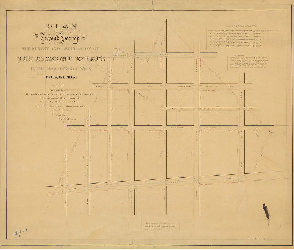 Plan, Plan of the Second Section of the survey of the Belmont Estate in the District of Belmont, made in pursuance of the provisions of Section 20th of the Act of Assembly of the Commonwealth of Pennsylvania, incorporating the District of Belmont. Approved the 14th Day of April 1853. Surveyed & returned by Joseph Fox, Surveyor, Charles H. Fox, assistant. 4th Mo, 30th 1854. Samuel L. Smedley, draftsman