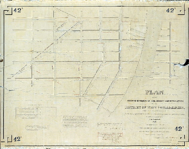 Plan (alternate image), Plan of the Second division of the survey and regulation of the District of West Philadelphia. Made in conformity with an Act of the General Assembly of the Commonwealth of Pennsylvania passed the first day of May anno domini 1852, and agreeably to a resolution of the Board of Commissioners of the District of West Philadelphia passed the thirteenth day of October A.D. 1852. Surveyed and returned by Joseph Fox, Surveyor, 10th Mo. 12th 1853. Francis Lightfoot Assist. Surveyr. Drawn by Samuel L. Smedley. 