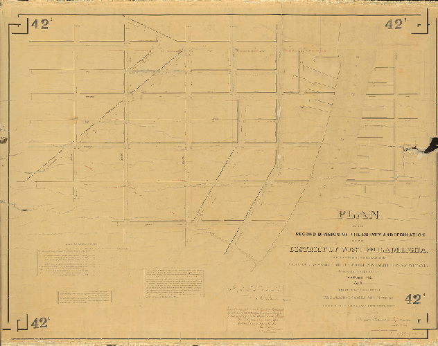 Plan, Plan of the Second division of the survey and regulation of the District of West Philadelphia. Made in conformity with an Act of the General Assembly of the Commonwealth of Pennsylvania passed the first day of May anno domini 1852, and agreeably to a resolution of the Board of Commissioners of the District of West Philadelphia passed the thirteenth day of October A.D. 1852. Surveyed and returned by Joseph Fox, Surveyor, 10th Mo. 12th 1853. Francis Lightfoot Assist. Surveyr. Drawn by Samuel L. Smedley. 