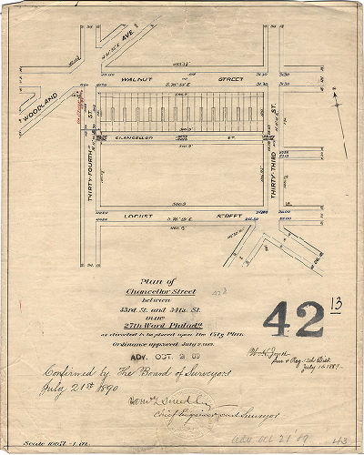 Plan, Plan of Chancellor Street between 33rd St. and 34th St. in the 27th Ward Philada. [Ordinance July 2, 1889; survey returned July 15, 1889; confirmed July 21, 1890]