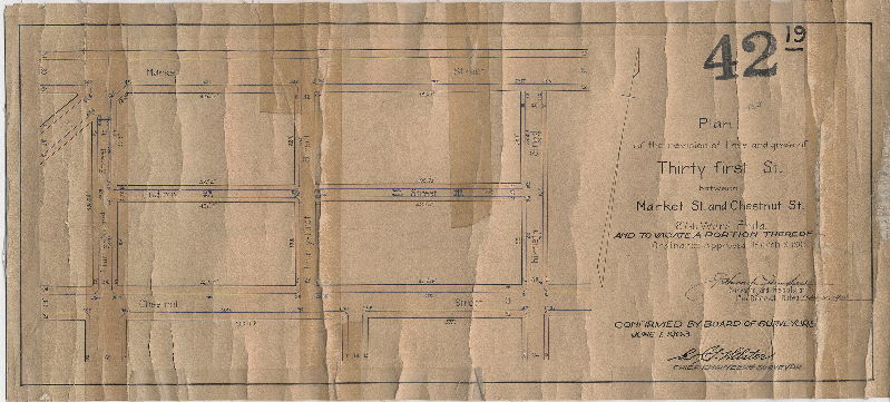 Plan, Plan of the revision of lines and grade of Thirty-first St. between Market St. and Chestnut St. 27th Ward Phila. and to vacate a portion thereof. [Ordinance March 9, 1903; survey returned April 10, 1903; confirmed June 1, 1903]