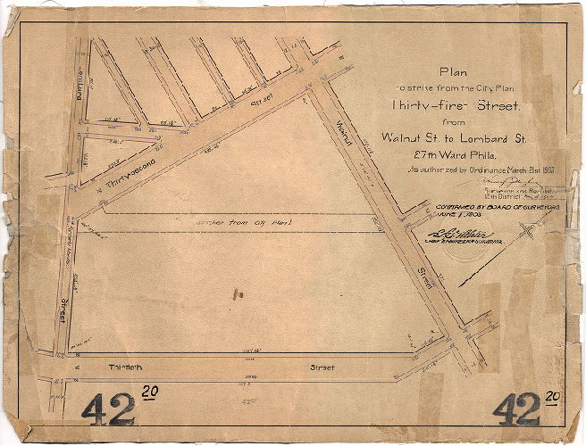 Plan, Plan to strike from the City Plan Thirty-first Street from Walnut St to Lombard St. 27th Ward Phila. [Ordinance March 21, 1903; survey returned May 4, 1903; confirmed June 1, 1903]
