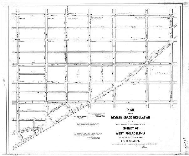 Plan, Plan of the revised grade regulation of the First Section of the survey of the District of West Philadelphia in the Twenty-fourth Ward, City of Philadelphia [Resolution Nov. 18, 1861; approved by Board of Surveyors Feb. 17, 1862; confirmed by Act of Assembly April 17, 1862] 
