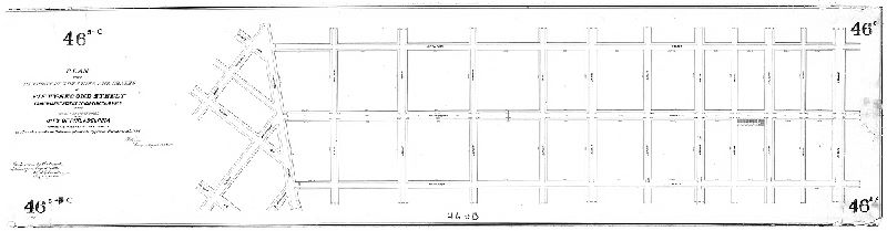 Plan, Plan of the revision of the lines and grades of Fifty-second Street from Market Street to Baltimore Avenue in the Twenty-seventh Ward of the City of Philadelphia, to make the street eighty feet in width, in accordance with an ordinance of Councils approved February 25, 1884. William H. Jones, surveyor. [Confirmed August 4, 1884] 
