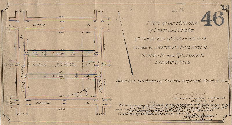 Plan, Plan of the revision of lines and grades on that portion of City Plan No. 46 bounded by Market St., Fifty-first St., Chestnut St. and Fifty-second St. 27th Ward Phila. [Ordinance March 12, 1901; survey returned March 21, 1901; confirmed May 13, 1901]