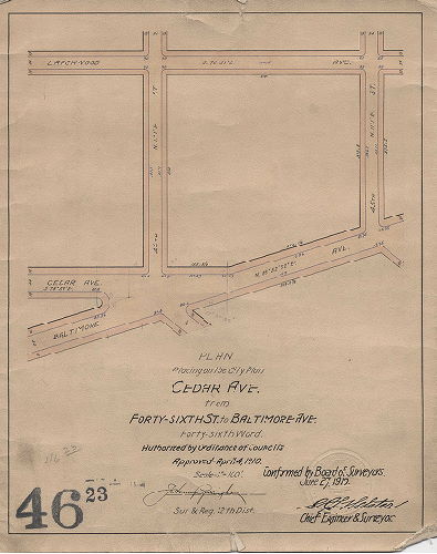 Plan, Plan for placing on the City Plan Cedar Ave. from Forty-sixth St. to Baltimore Ave. Forty-sixth Ward.