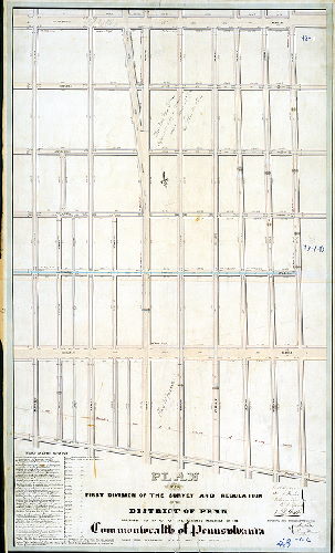 Plan (alternate image), Plan of the First Division of the survey and regulation of the District of Penn agreeably to an Act of the General Assembly of the Commonwealth of Pennsylvania passed the nineteenth day of April anno Domini 1843. Surveyed and returned Oct. 7th 1843, by Joseph Fox, Henry Haines. [Attachment: Authorizing the recording of the plan]