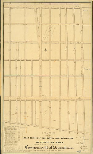 Plan, Plan of the First Division of the survey and regulation of the District of Penn agreeably to an Act of the General Assembly of the Commonwealth of Pennsylvania passed the nineteenth day of April anno Domini 1843. Surveyed and returned Oct. 7th 1843, by Joseph Fox, Henry Haines. [Attachment: Authorizing the recording of the plan]