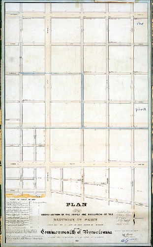 Plan (alternate image), Plan of the Second Division of the survey and regulation of the District of Penn, agreeably to an Act of the General Assembly of the Commonwealth of Pennsylvania passed the nineteenth day of April anno Domini 1843. Surveyed and returned Decr. 5th 1843, by Joseph Fox, Henry Haines. [Attachment: 1844 attachment directing recording of the plan]