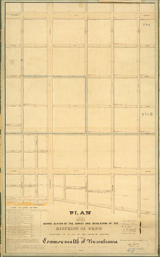 Plan, Plan of the Second Division of the survey and regulation of the District of Penn, agreeably to an Act of the General Assembly of the Commonwealth of Pennsylvania passed the nineteenth day of April anno Domini 1843. Surveyed and returned Decr. 5th 1843, by Joseph Fox, Henry Haines. [Attachment: 1844 attachment directing recording of the plan]
