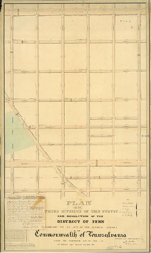 Plan, Plan of the Third Division of the survey and regulation of the District of Penn agreeably to an Act of the General Assembly of the Commonwealth of Pennsylvania passed the nineteenth day of April A.D. One thousand eight hundred and forty three. Surveyed and returned Decr. 19th 1843, by Joseph Fox, Henry Haines.