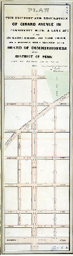 Plan (alternate image), Plan of the resurvey and regulation of Girard Avenue in conformity with a late Act of the Legislature reducing the width thereof and in accordance with a resolution of the Board of Commissioners of the District of Penn, passed the twentieth day of May A.D. 1844. Surveyed and returned June 17th 1844 by Joseph Fox, Henry Haines