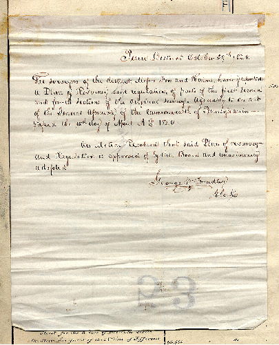 Plan, [Approval of plan 053-01_HP by Penn District commissioners, Oct. 29, 1826; date should be 1846; on reverse a note says the plan was filed Nov. 21, 1846] 