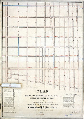 Plan (alternate image), Plan of the re-survey and regulation of parts of the First, Second and Fourth Divisions of the District of Penn, agreeably to an Act of the General Assembly of the Commonwealth of Pennsylvania passed the fifteenth day of April A.D. 1846. Surveyed and returned June 15th 1846 by Joseph Fox, Henry Haines. [Attachment]