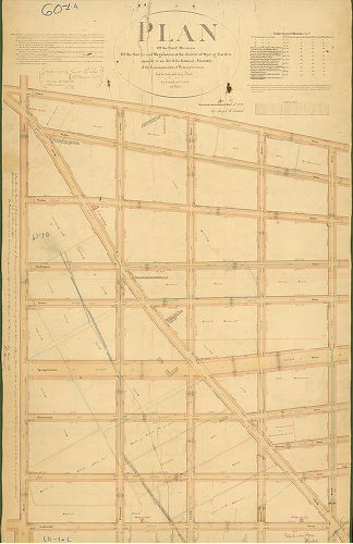 Plan, Plan of the Fourth Division of the survey and regulation of the district of Spring Garden agreeably to an Act of the General Assembly of the Commonwealth of Pennsylvania, passed the twenty-second day of March, anno Domini One thousand eight hundred and thirteen. Surveyed and returned Dec. 11th, 1820 By Joseph H. Siddall. [Attachment: authorization for the plan]