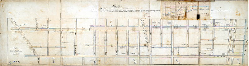 Plan (alternate image), Plan of part of the Northern Liberties on the south side of Pegg's Run, survey'd & regulat'd agreeable to an Act of the General Assembly of the Commonwealth of Pennsylvania, pass'd the 17th Day of April 1795 . . . Robt. Brooke, John Keen, Casper Schneider, surs.[?] [On verso: "First Division of Survey N Liberties So. Side of Pegg's run." Attachment: watercolor drawing of route of Del & Schuylkill Canal, 1803, Robt. Brooke, pasted on, 7.5 x 19 inch, owners' names and lots]