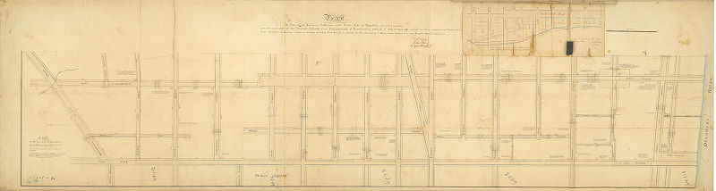 Plan, Plan of part of the Northern Liberties on the south side of Pegg's Run, survey'd & regulat'd agreeable to an Act of the General Assembly of the Commonwealth of Pennsylvania, pass'd the 17th Day of April 1795 . . . Robt. Brooke, John Keen, Casper Schneider, surs.[?] [On verso: "First Division of Survey N Liberties So. Side of Pegg's run." Attachment: watercolor drawing of route of Del & Schuylkill Canal, 1803, Robt. Brooke, pasted on, 7.5 x 19 inch, owners' names and lots]
