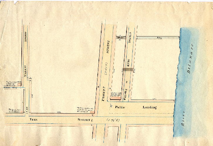 Plan, [No title. Vicinity of Vine, Front, New Market, and Water Streets at the Delaware River, in Northern Liberties. Includes a public wharf and set of stairs between Front and Water streets. Probably by Robert Brooke. Attachment not scanned: Extracts from minutes of the Commissioners of Northern Liberties, related to Plan 065-z HP. 4 pages]