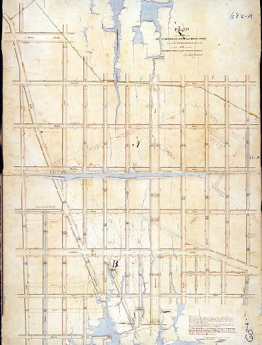 Plan (alternate image), Plan of the Fourth Division of the survey and regulation (and part of the Third Division revised) of the Kensington District of the Northern Liberties. By Joseph H. Siddall May 2, 1836. Revised with the Supplementary Plan, March 5th, 1844. B. Moore