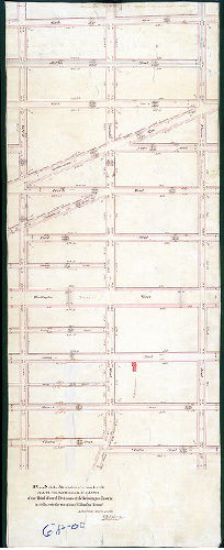 Plan (alternate image), Plan of the alteration of so much of the plans of the survey and regulation of the Third & Fourth Divisions of the Kensington District as related to the vacation of Columbia Avenue. Returned March 5th 1844. B. Moore. 