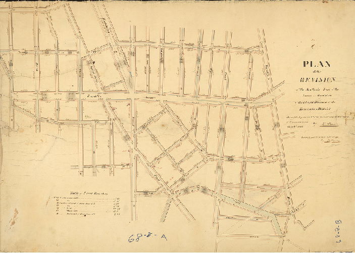 Plan, Plan of the Revision of the southerly part of the survey and regulation of the Third Division of the Kensington District. Draughted pursuant to the resolutions of the Board of Commissioners, July 7th,1835, by B. Moore. Revised and returned Oct. 1st, 1844 by B. Moore.