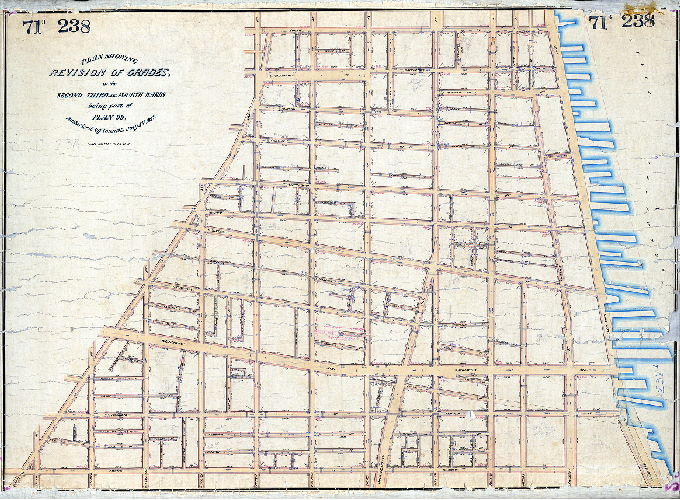 Plan (alternate image), Plan showing revision of grades in the Second, Third and Fourth Wards, being part of Plan 99, authorised by Councils July 5th, 1877