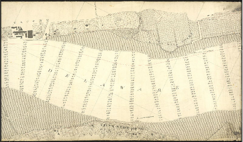 Plan (alternate image), [No title. Delaware River front, New Jersey and Pennsylvania sides of river, with soundings and detailed delineation of topography, vegetation and structures.073-u, v, w and x are contiguous and cover from Bridesburg to Poquessing Creek; 073-y_HP shows detailed drawings of riverfront locations. These hand-drawn plans were used as the basis of subsequent USCGS lithographs of the city waterfront.]