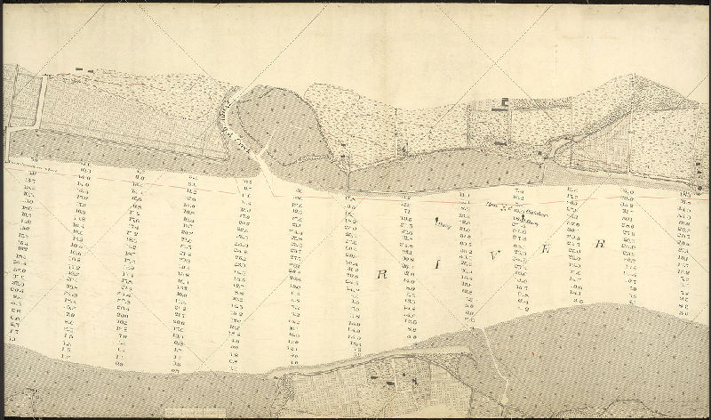 Plan, [No title. Delaware River front, New Jersey and Pennsylvania sides of river, with soundings and detailed delineation of topography, vegetation and structures.073-u, v, w and x are contiguous and cover from Bridesburg to Poquessing Creek; 073-y_HP shows detailed drawings of riverfront locations. These hand-drawn plans were used as the basis of subsequent USCGS lithographs of the city waterfront.]