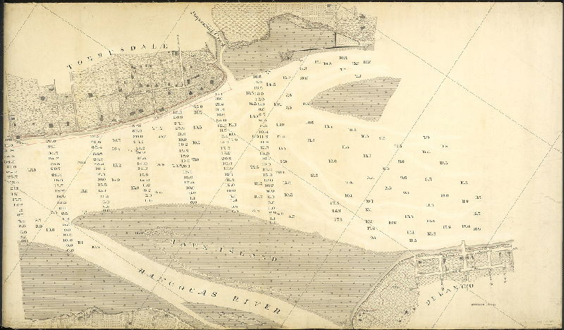 Plan, [No title. Delaware River front, New Jersey and Pennsylvania sides of river, with soundings and detailed delineation of topography, vegetation and structures.073-u, v, w and x are contiguous and cover from Bridesburg to Poquessing Creek; 073-y_HP shows detailed drawings of riverfront locations. These hand-drawn plans were used as the basis of subsequent USCGS lithographs of the city waterfront.]