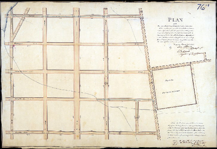 Plan (alternate image), Plan of the survey and regulation of the ascents descents common sewers and distances of the gutters from the sides of the Streets lanes &c in the neighbourhood of the site upon which the State Penitentiary for the Eastern District is about to be erected, in Penn Township in the County of Philadelphia, agreeably to an Act of the General Assembly of the Commonwealth of Pennsylvania, passed the second day of February, One thousand eight hundred and twenty-two. Surveyed and returned April 13th 1822 by Samuel Hains, Recording Surveyor, Jos. H. Siddall, Regulator of Spring Garden.
