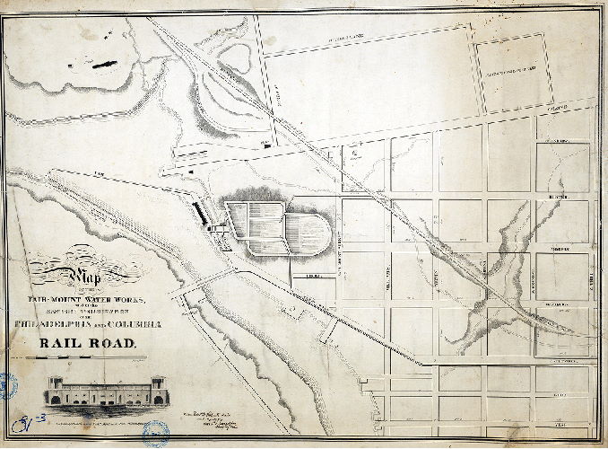 Plan (alternate image), Map of the Fair-Mount Water Works and of the eastern termination of the Philadelphia and Columbia Rail Road. Childs & Inman, lithographers, F. Graff del.