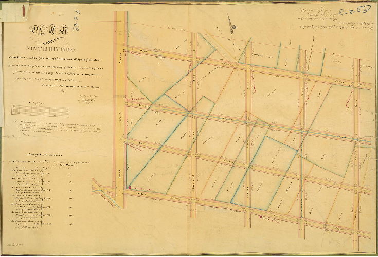 Plan, Plan of the Ninth Division of the survey and regulation of the District of Spring Garden, agreeably to an Act of the General Assembly of the Commonwealth of Pennsylvania passed the 22nd day of March A.D. 1813; and a supplement thereto passed the 2nd day of March A.D. 1827. Surveyed and returned June 10th A.D. 1831 by Philip M. Price, Joseph Fox. [Attachment: Quarter Session Court confirmation certificate]