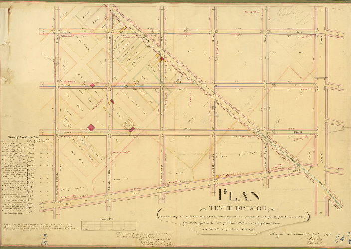 Plan, Plan of the Tenth Division of the survey and regulation of the District of Spring Garden, agreeably to an Act of the General Assembly of the Commonwealth of Pennsylvania passed the 22nd day of March A.D. 1813 and a supplement thereto passed the 2nd day of March A.D. 1827. Surveyed and returned March 3rd 1834 by Joseph Fox, Philip M. Price. [Attachment: Quarter Sessions Court confirmation certificate]