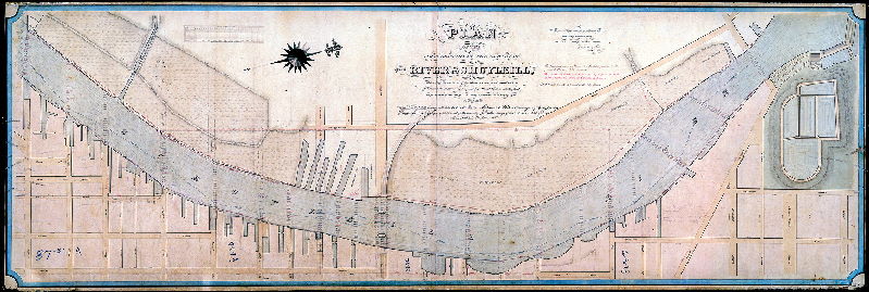 Plan, Plan of the First Section of the survey of the River Schuylkill exhibiting the position of the wharves now constructed with the soundings of the river, and showing the wharf lines as established in pursuance of an Act of Assembly approved the 6th day of April A.D. 1850 [Survey returned April 5, 1851]