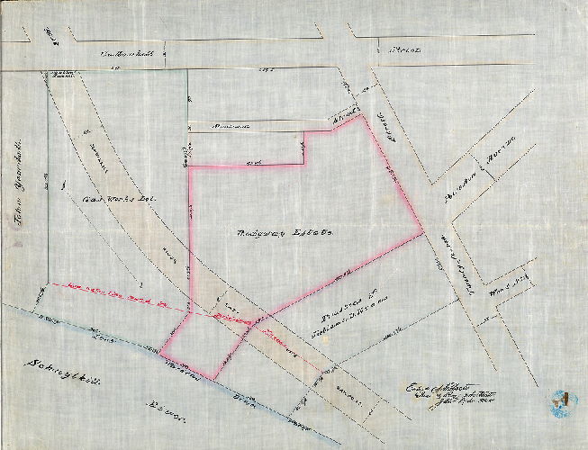 Plan (alternate image), [No title. Ridgway Estate and other properties in the vicinity of 24th Street and Callowhill Street, as crossed by the Schuylkill River East Side Railroad]. 