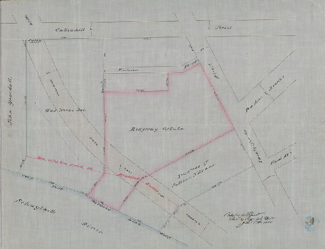 Plan, [No title. Ridgway Estate and other properties in the vicinity of 24th Street and Callowhill Street, as crossed by the Schuylkill River East Side Railroad]. 