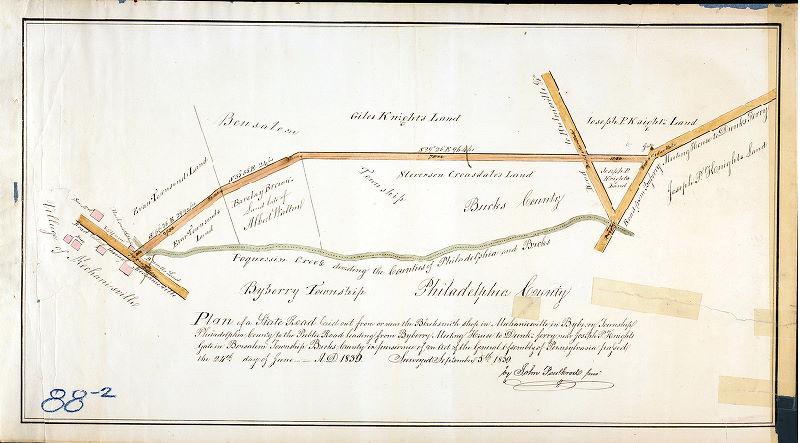Plan, Plan of a State Road laid out from or near the Blacksmith shop in Mechanicsville in Byberry Township Philadelphia County to the Public road leading from Byberry Meeting House to Dunk’s ferry near Joseph P. Knight’s Gate in Bensalem Township Bucks County in pursuance of an Act of the General Assembly of Pennsylvania passed the 24th day of June AD 1839. Surveyed September 5th 1839 by John Foulkrod Sur.