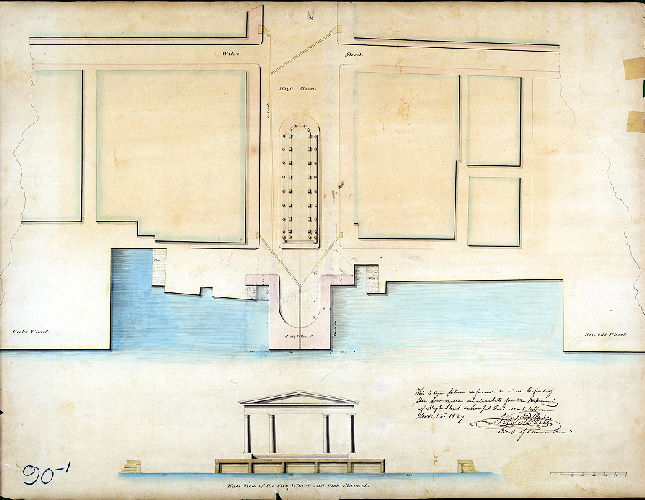 Plan (alternate image), East View of the City Wharf and Fish Market. This is the plan referred to in the report of the Committee on Markets for the improvement of High Street Wharf & Fish Market House. Nov. 12, 1829. N. R. Potts –– Clerk of Common Council.
