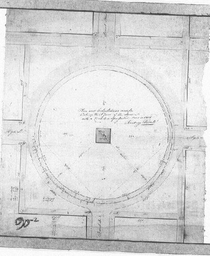 Plan, Plan and Calculations made for Curbing the S. part of the [Centre] Square with a Circle here represented done in 1808. Reading Howell