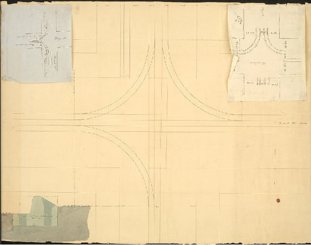 Plan, [No title. Railroad intersection at Broad and High Streets. Two attached working drawings.]