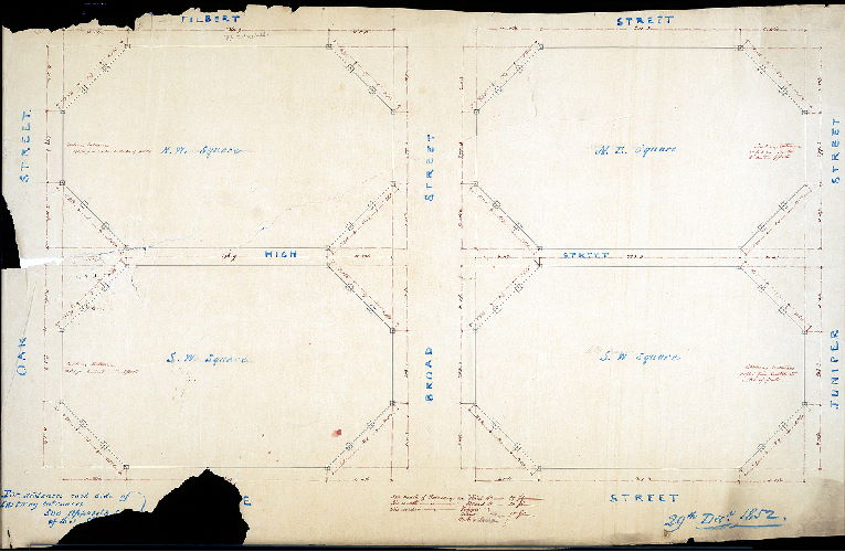 Plan (alternate image), [Title on reverse: "Iron railings Public Squares Old City." Railings in Penn, or Centre Square]