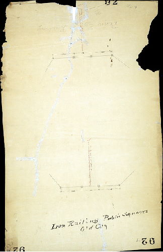 Plan (alternate image), [Title on reverse: "Iron railings Public Squares Old City." Cartway entrances into Penn, or Centre Square]