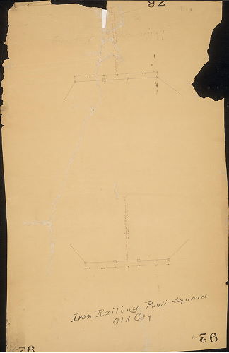 Plan, [Title on reverse: "Iron railings Public Squares Old City." Cartway entrances into Penn, or Centre Square]