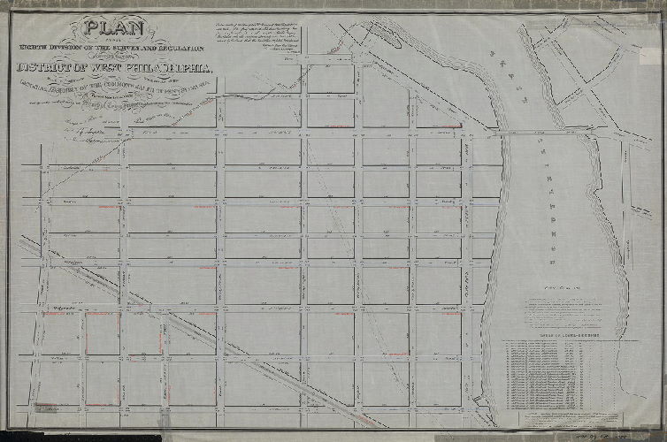 Plan, Plan of the Eighth Division of the survey and regulation of the late District of West Philadelphia. Made in conformity with an Act of the General Assembly of the Commonwealth of Pennsylvania passed the first day of May A.D. 1852, and agreeably to a Resolution of the Board of Commissioners of the District of West Philadelphia passed October 13th, 1852. [Survey returned Dec. 3, 1855; confirmed by Court, July 12, 1856]
