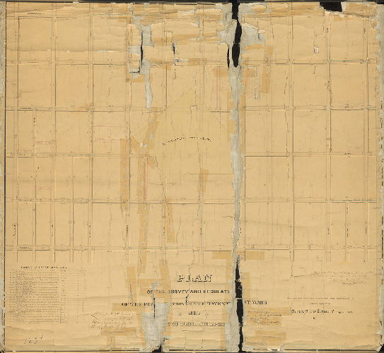 Plan, Plan of the survey and regulation of the First Section of the 21st Ward between 11th and 20th Streets and Columbia and Susquehanna Avenues. [Ordinance Aug 15, 1855; survey returned August 1856; approved July 6, 1857; confirmed by Court June 11, 1860]